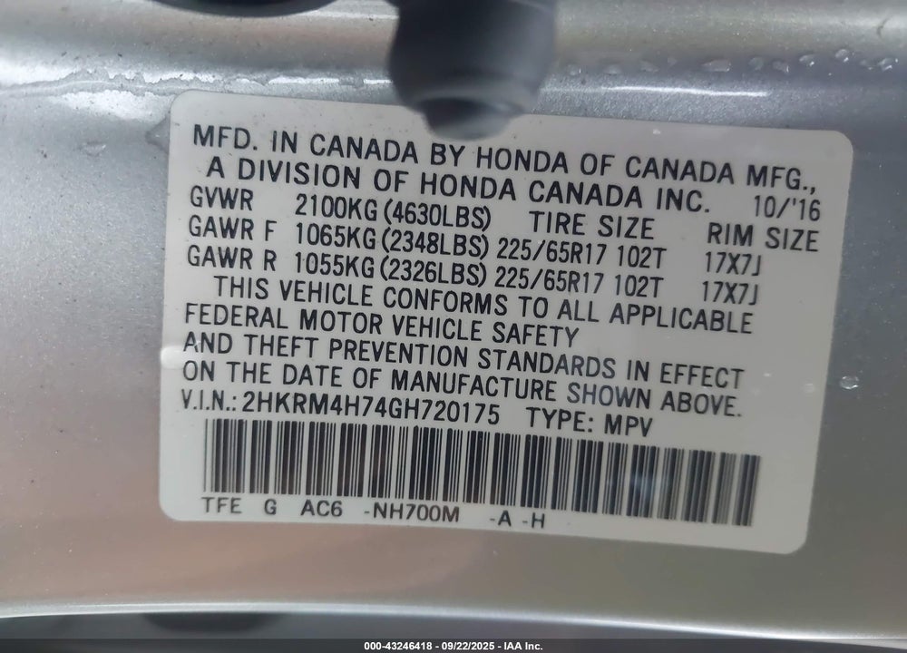 2016 HONDA CR-V VIN: 2HKRM4H74GH720175