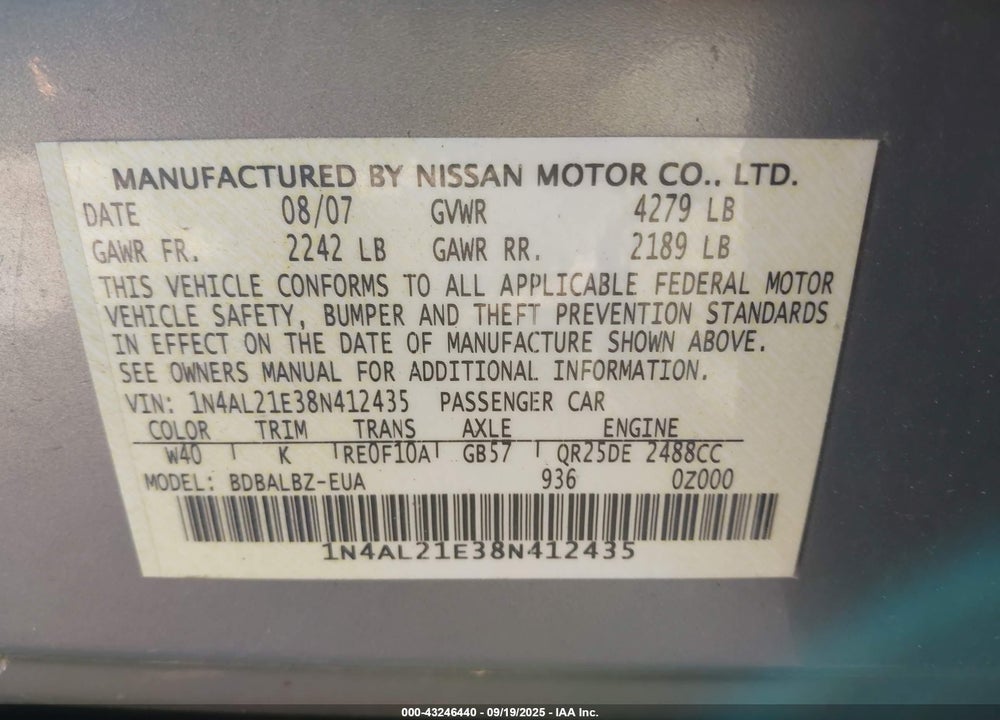 2008 NISSAN ALTIMA VIN: 1N4AL21E38N412435