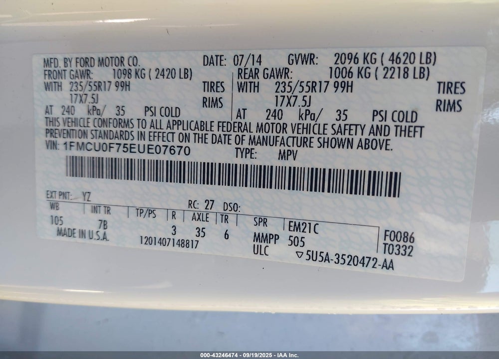 2014 FORD ESCAPE VIN: 1FMCU0F75EUE07670