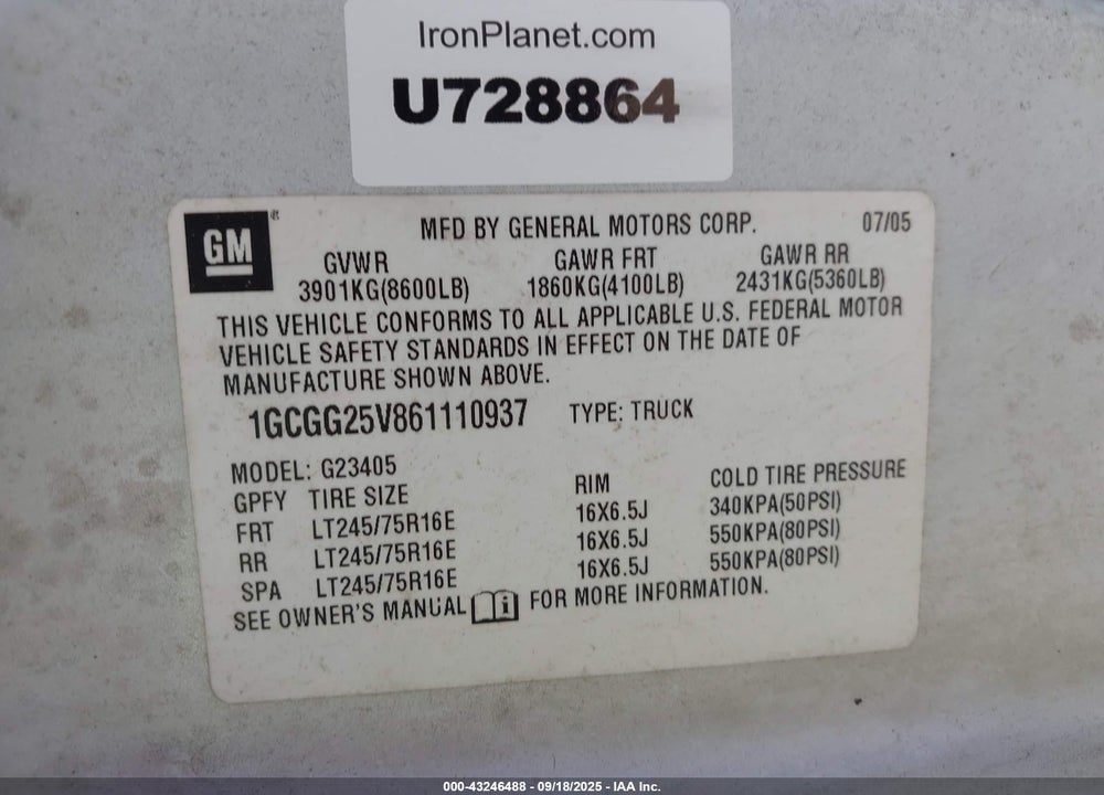 2006 CHEVROLET EXPRESS WORK VAN VIN: 1GCGG25V861110937