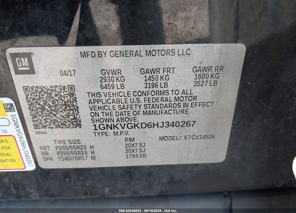 2017 CHEVROLET TRAVERSE 1LT VIN: 1GNKVGKD6HJ340267