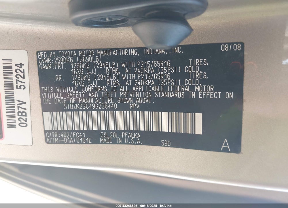 2009 TOYOTA SIENNA LE VIN: 5TDZK23C49S236440