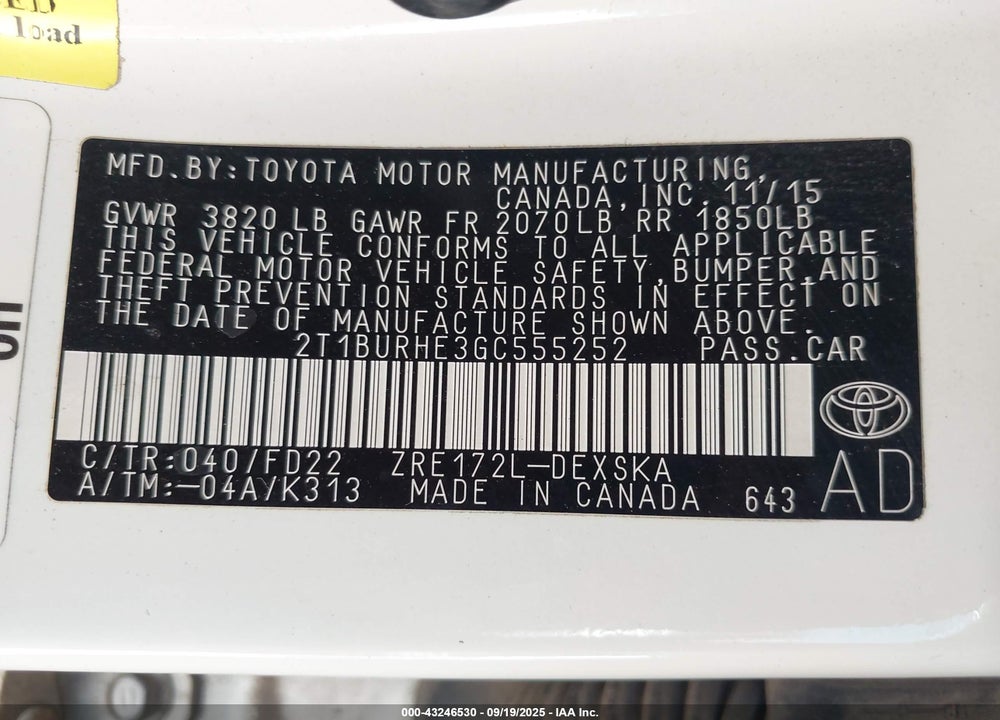 2016 TOYOTA COROLLA VIN: 2T1BURHE3GC555252