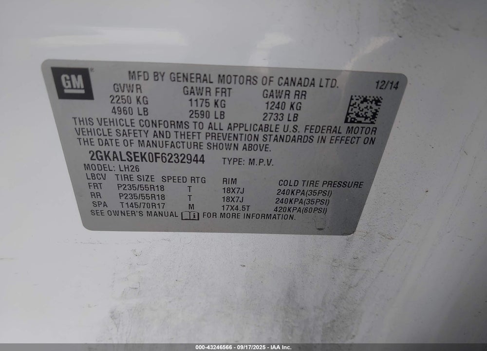2015 GMC TERRAIN SLT-1 VIN: 2GKALSEK0F6232944