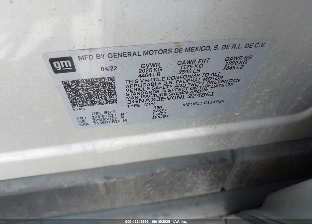 2022 CHEVROLET EQUINOX FWD 2FL VIN: 3GNAXJEV0NL224851