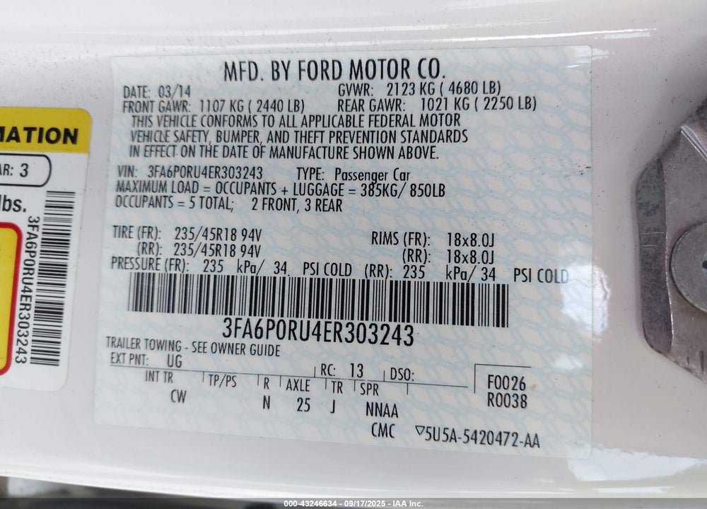 2014 FORD FUSION VIN: 3FA6P0RU4ER303243