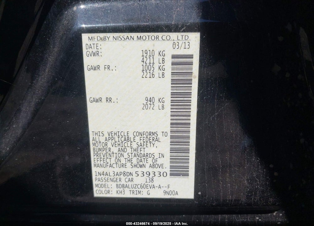 2013 NISSAN ALTIMA 2.5 SV VIN: 1N4AL3AP8DN539330
