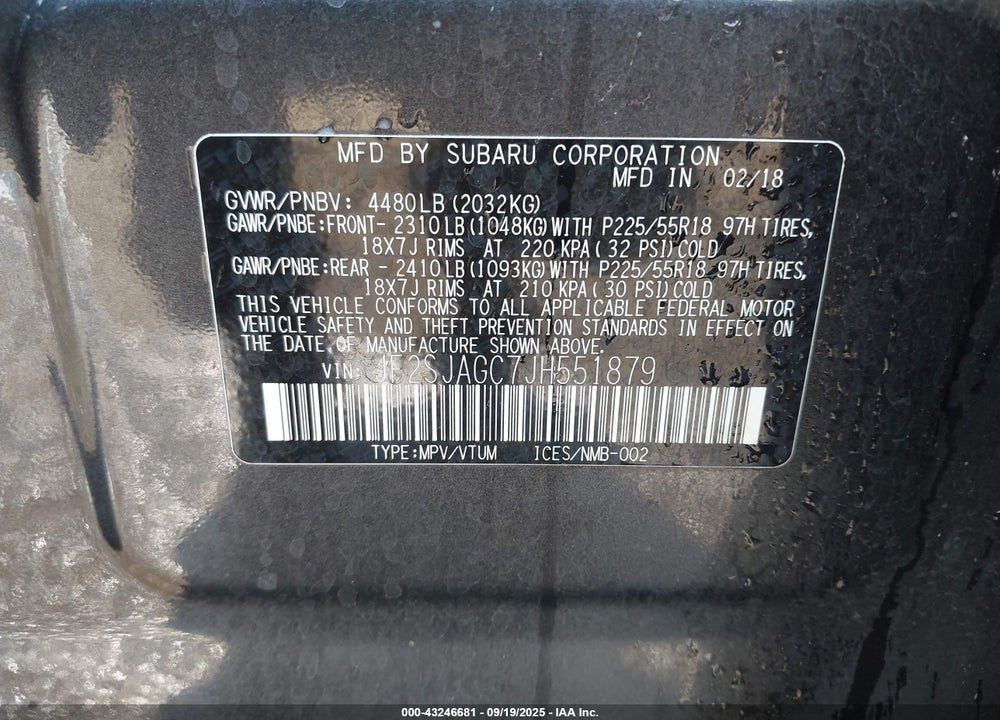 2018 SUBARU FORESTER 2.5I PREMIUM VIN: JF2SJAGC7JH551879
