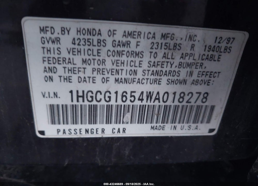 1998 HONDA ACCORD EX V6 VIN: 1HGCG1654WA018278