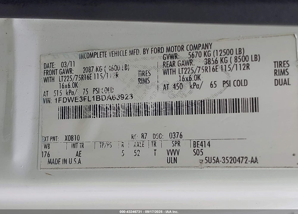 2011 FORD E-350 CUTAWAY VIN: 1FDWE3FL1BDA63923