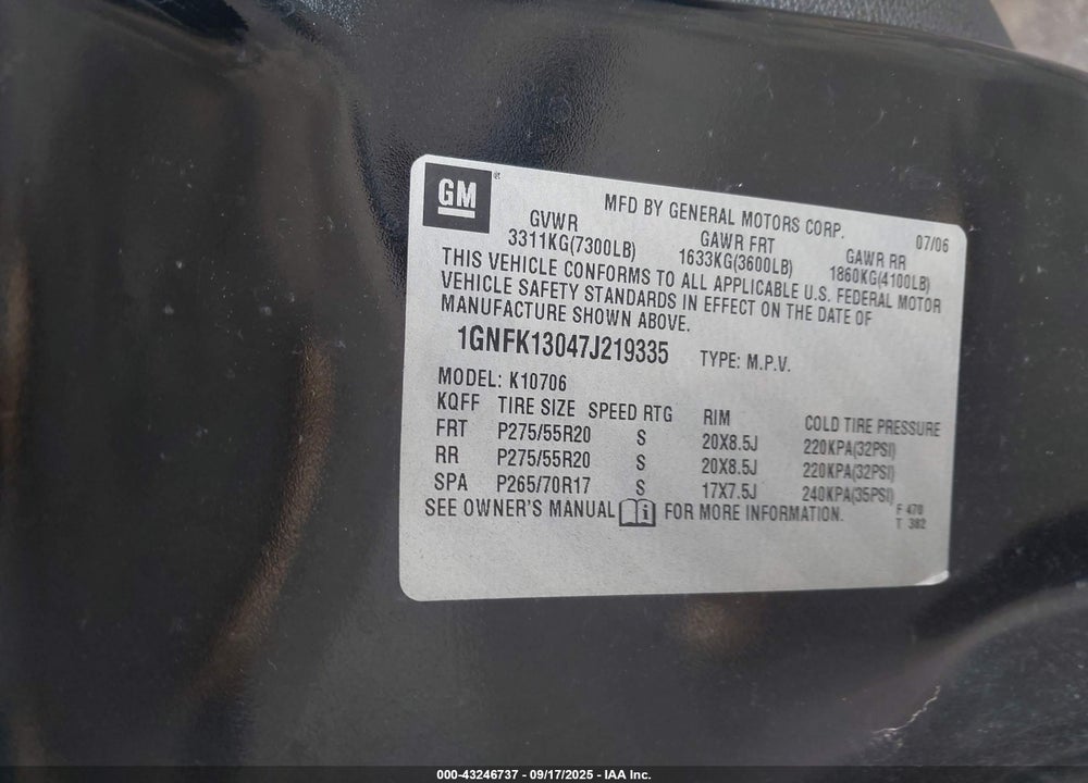 2007 CHEVROLET TAHOE LTZ VIN: 1GNFK13047J219335