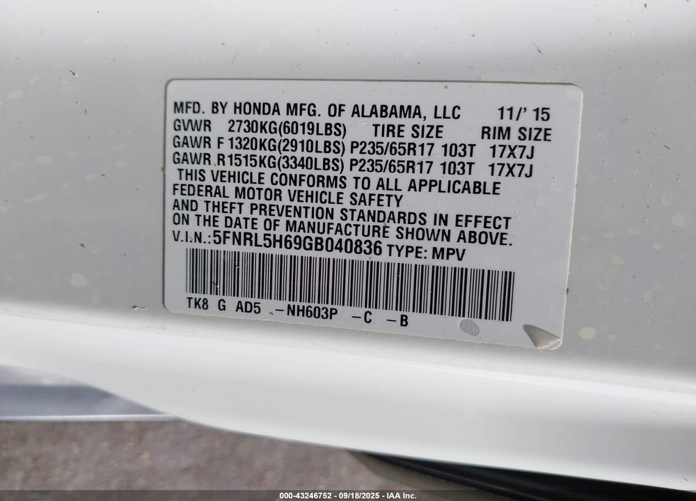 2016 ODYSSEY HONDA  EX-L VIN: 5FNRL5H69GB040836