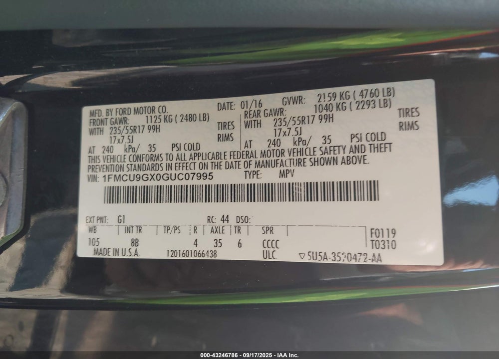 2016 FORD ESCAPE VIN: 1FMCU9GX0GUC07995