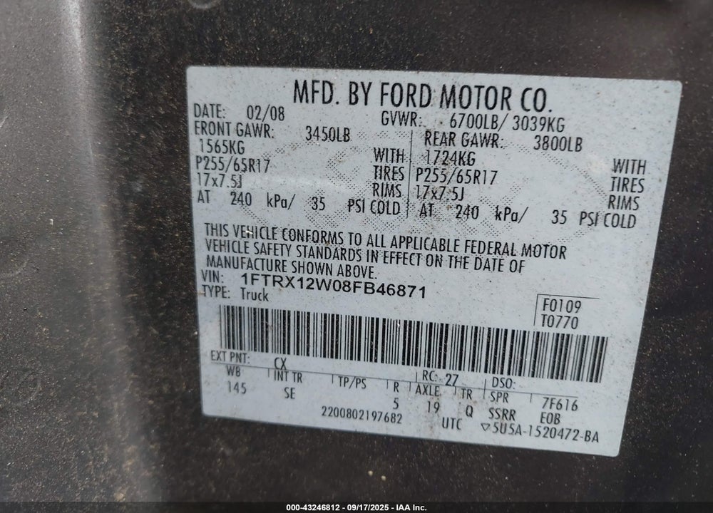 2008 FORD F-150 VIN: 1FTRX12W08FB46871