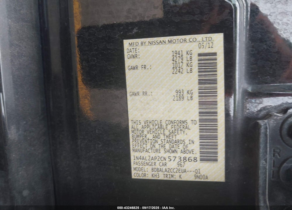2012 NISSAN ALTIMA VIN: 1N4AL2AP2CN573868