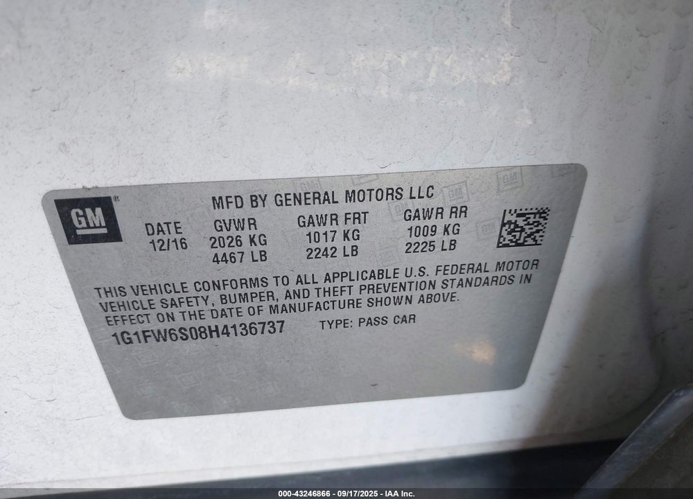 2017 CHEVROLET BOLT EV VIN: 1G1FW6S08H4136737