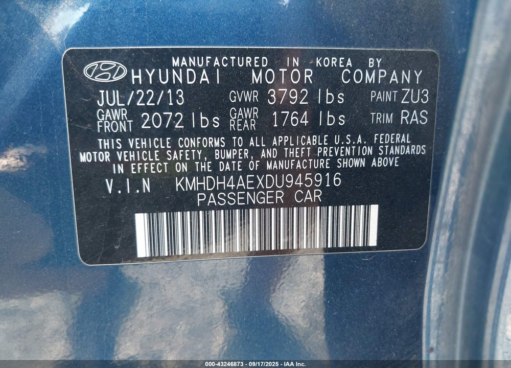 2013 HYUNDAI ELANTRA VIN: KMHDH4AEXDU945916