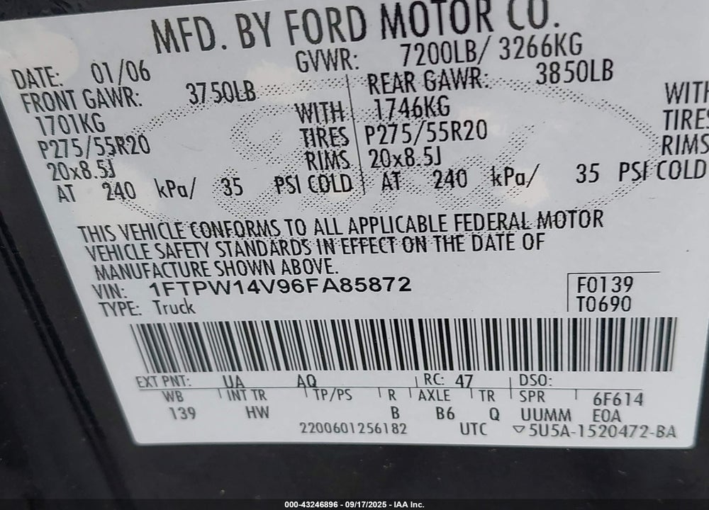 2006 FORD F-150 FX4/LARIAT/XLT VIN: 1FTPW14V96FA85872