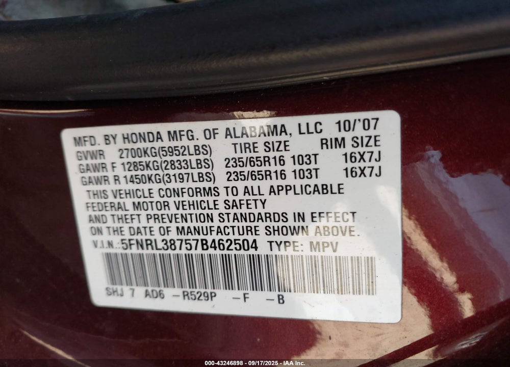 2007 HONDA ODYSSEY EX-L VIN: 5FNRL38757B462504