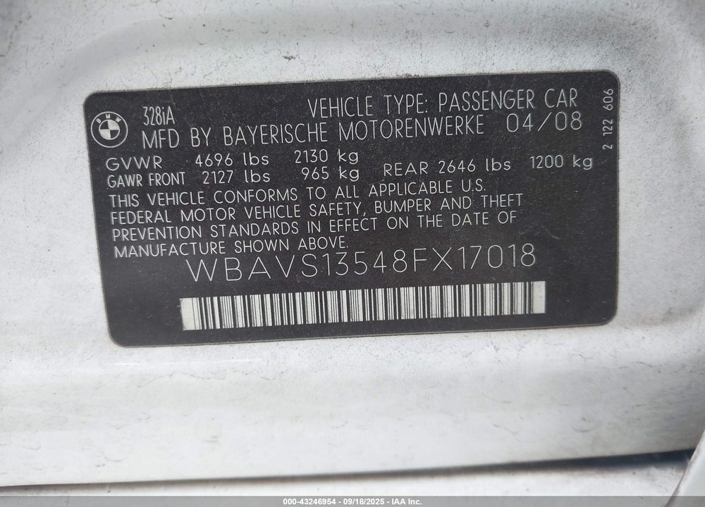 2008 BMW 328I VIN: WBAVS13548FX17018