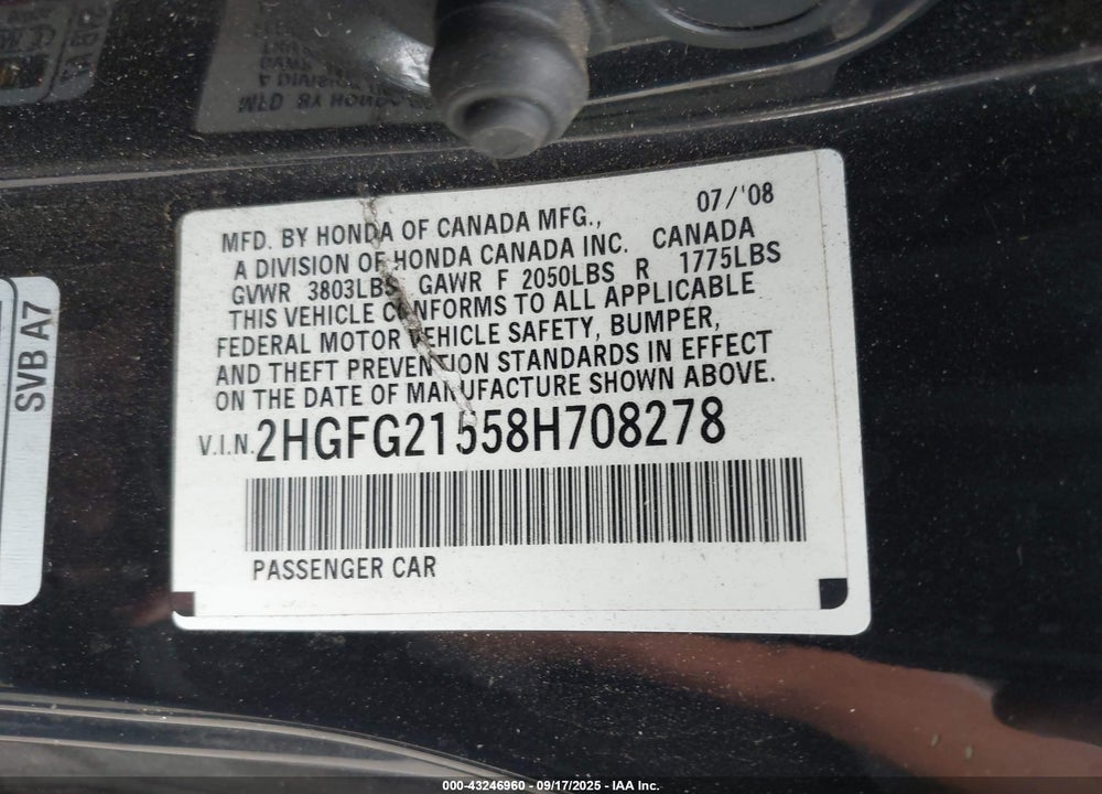 2008 HONDA CIVIC VIN: 2HGFG21558H708278