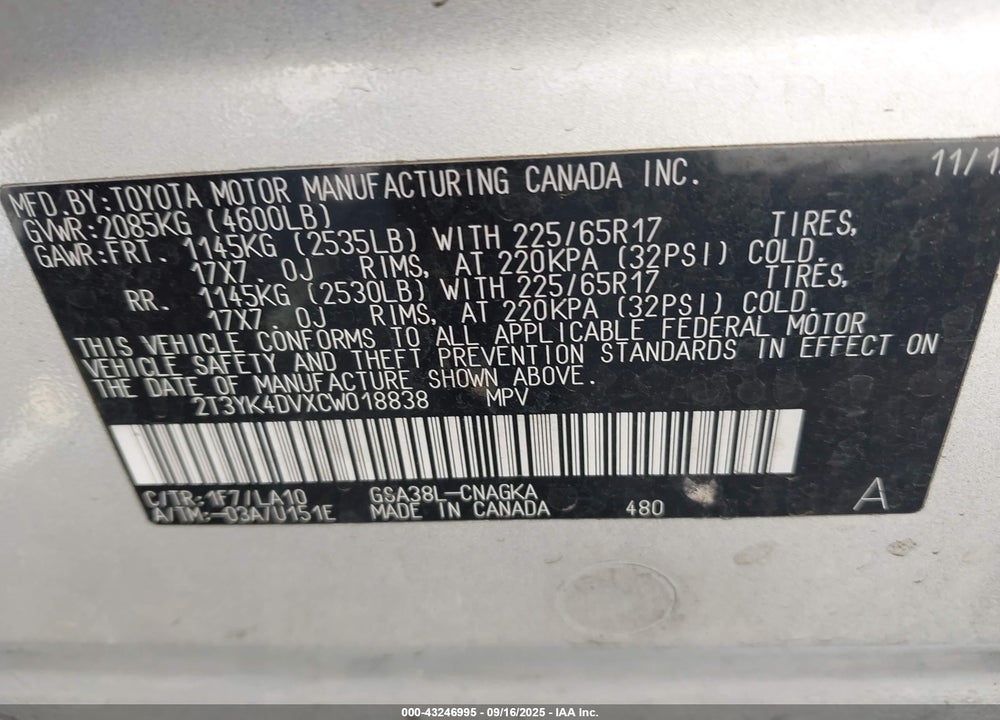 2012 TOYOTA RAV4 VIN: 2T3YK4DVXCW018838