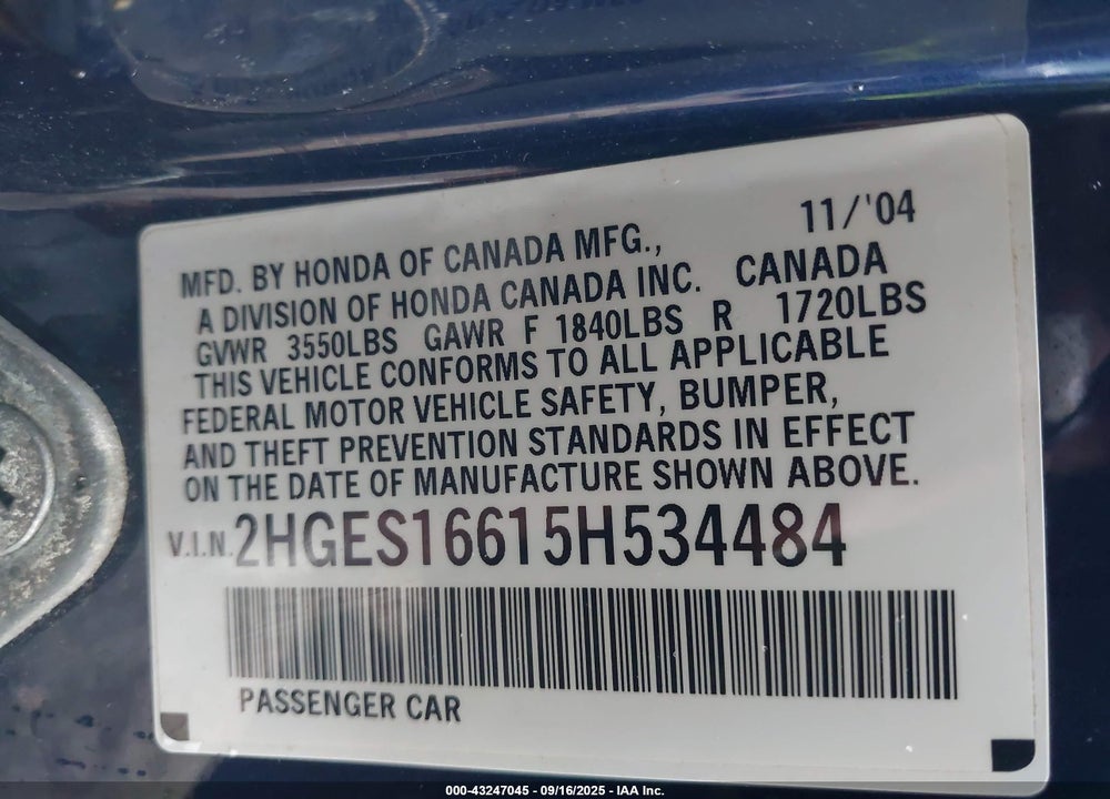2005 HONDA CIVIC LX VIN: 2HGES16615H534484