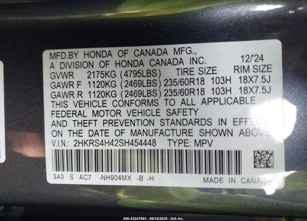 2025 HONDA CR-V EX AWD VIN: 2HKRS4H42SH454448