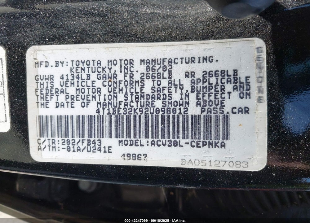2002 TOYOTA CAMRY LE VIN: 4T1BE32K92U098012