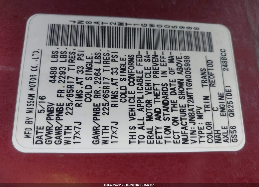 2016 NISSAN ROGUE S VIN: JN8AT2MT1GW005988
