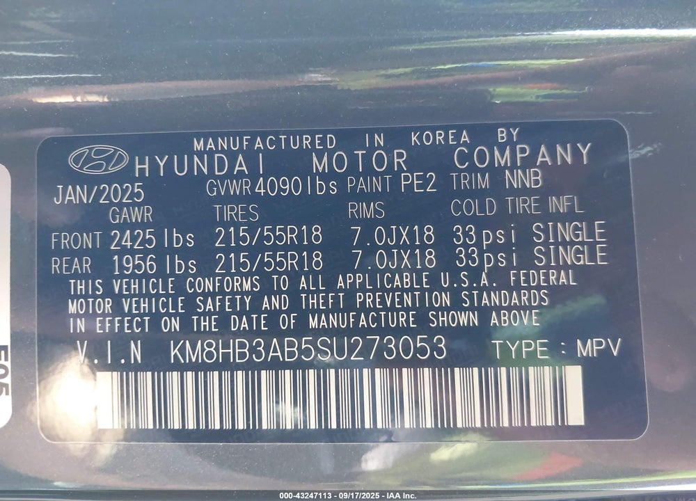 2025 HYUNDAI KONA VIN: KM8HB3AB5SU273053