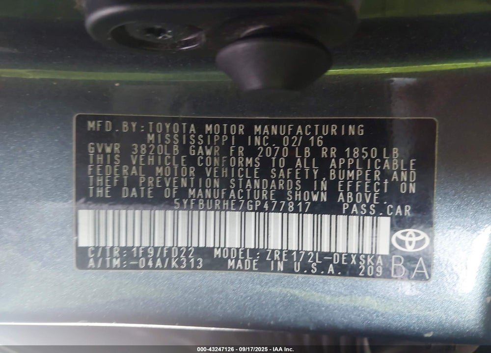 2016 TOYOTA COROLLA VIN: 5YFBURHE7GP477817