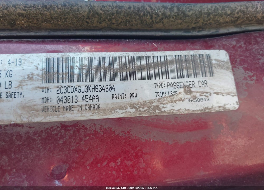 2019 DODGE CHARGER SCAT PACK RWD VIN: 2C3CDXGJ3KH634804