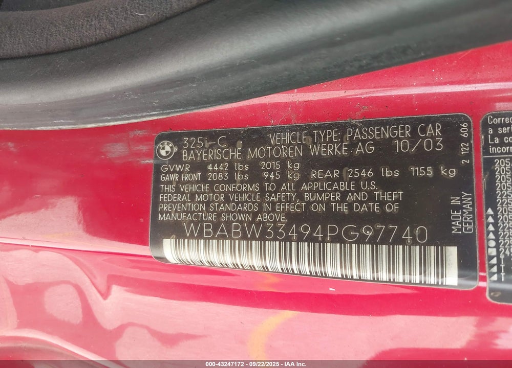2004 BMW 325CI VIN: WBABW33494PG97740