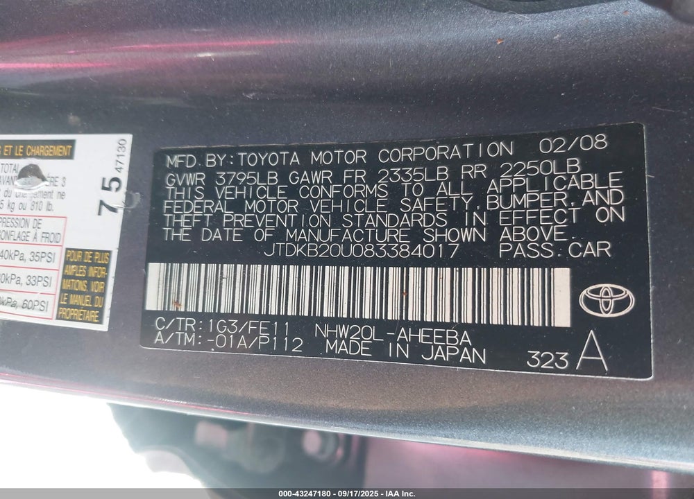 2008 TOYOTA PRIUS VIN: JTDKB20U083384017