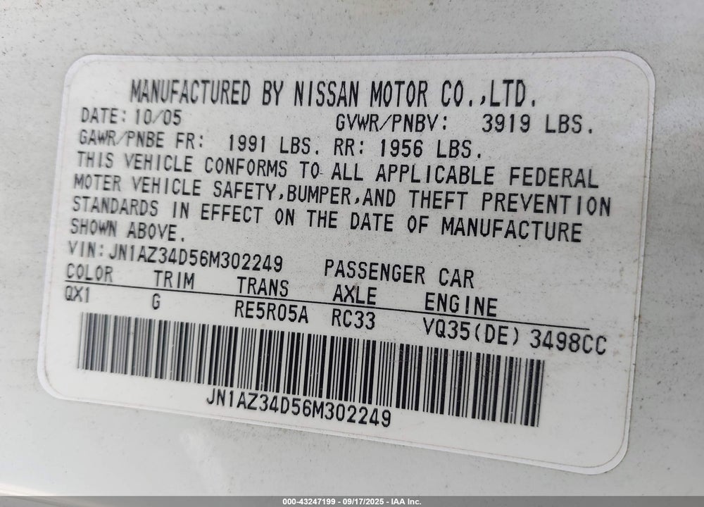 2006 NISSAN 350Z ENTHUSIAST VIN: JN1AZ34D56M302249