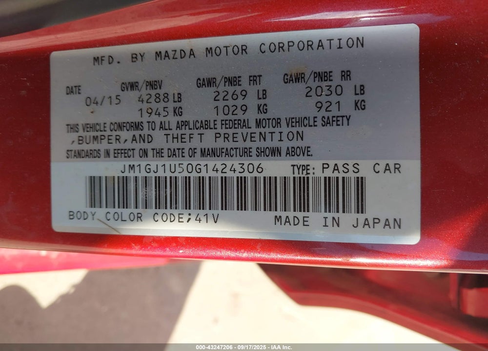 2016 MAZDA 6 I SPORT VIN: JM1GJ1U50G1424306