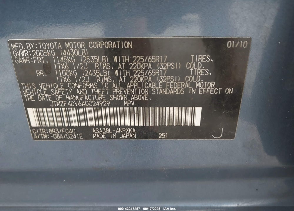 2010 TOYOTA RAV4 VIN: JTMZF4DV6AD024929