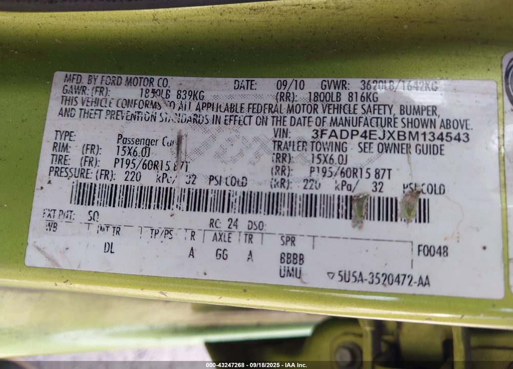 2011 FORD FIESTA VIN: 3FADP4EJXBM134543