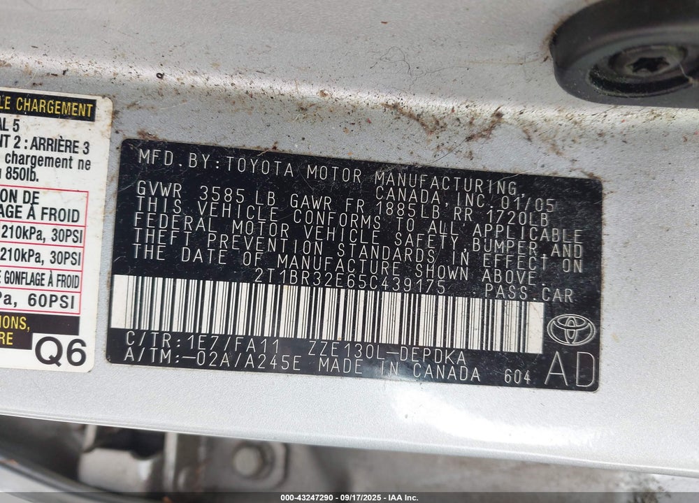 2005 TOYOTA COROLLA CE VIN: 2T1BR32E65C439175