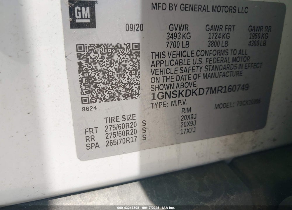 2021 CHEVROLET SUBURBAN 4WD Z71 VIN: 1GNSKDKD7MR160749
