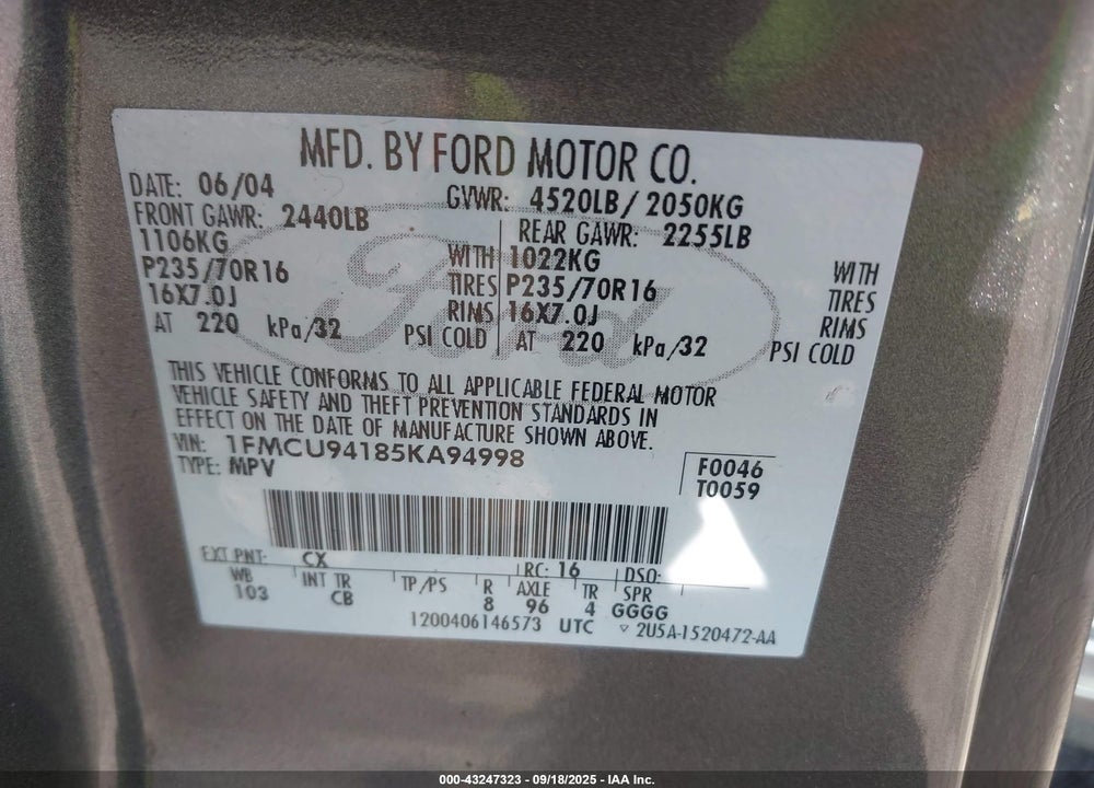2005 FORD ESCAPE LIMITED VIN: 1FMCU94185KA94998
