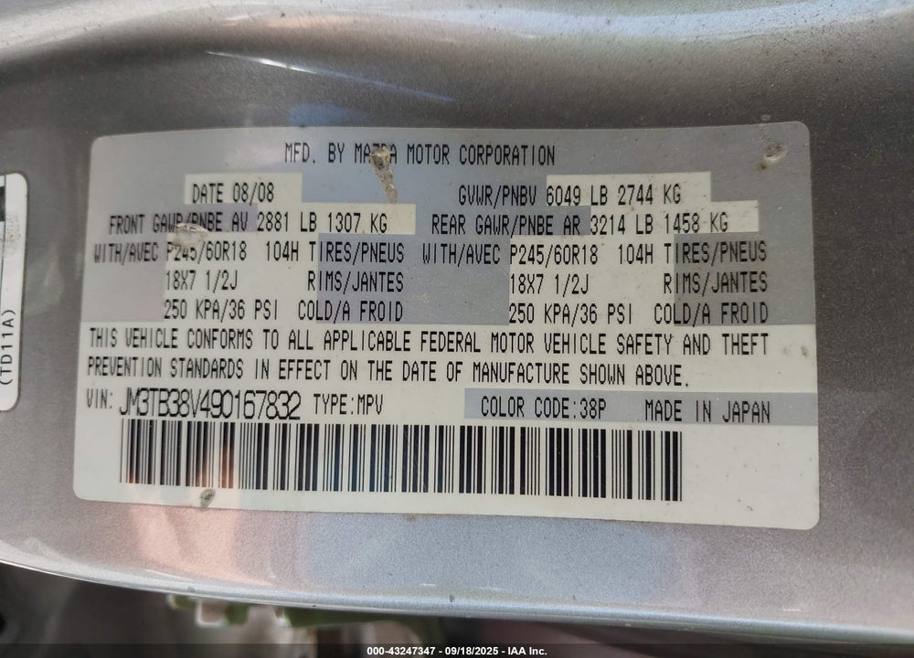 2009 MAZDA CX-9 VIN: JM3TB38V490167832