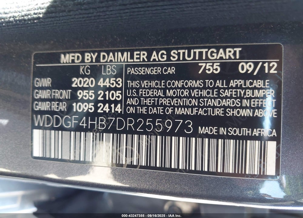 2013 MERCEDES-BENZ C CLASS VIN: WDDGF4HB7DR255973