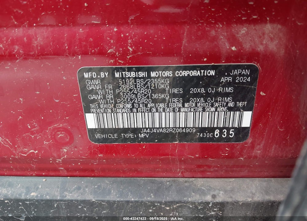 2024 MITSUBISHI OUTLANDER VIN: JA4J4VA82RZ064909