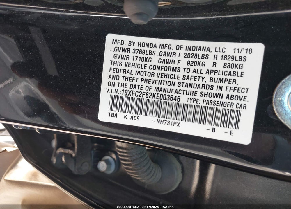 2019 HONDA CIVIC LX VIN: 19XFC2F62KE003646