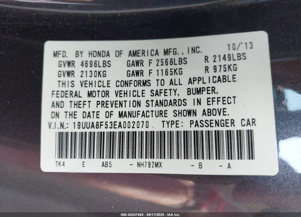 2014 ACURA TL 3.5 VIN: 19UUA8F53EA002070
