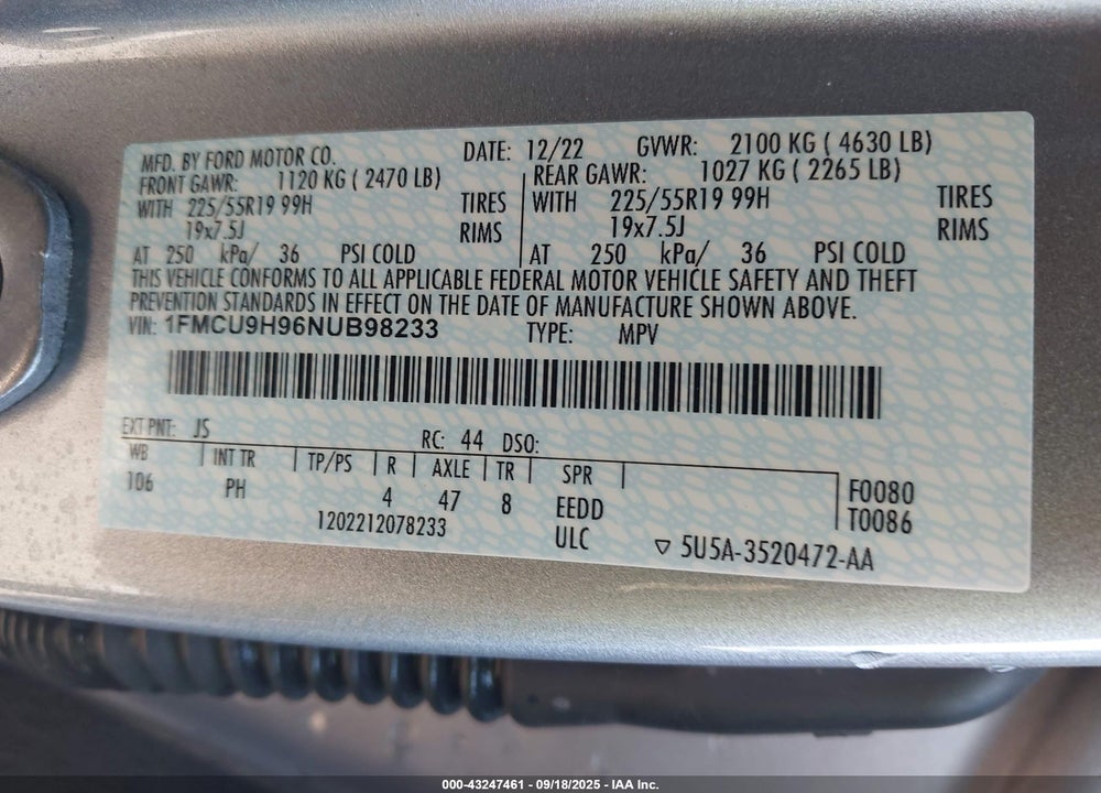 2022 FORD ESCAPE VIN: 1FMCU9H96NUB98233