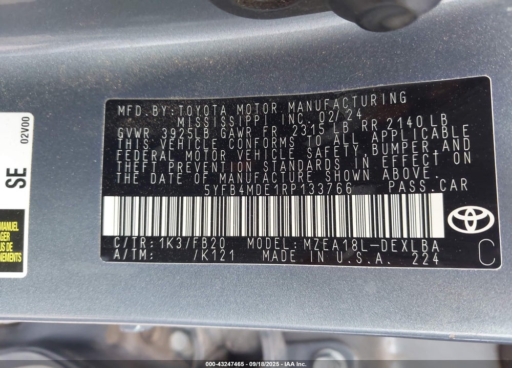 2024 TOYOTA COROLLA VIN: 5YFB4MDE1RP133766