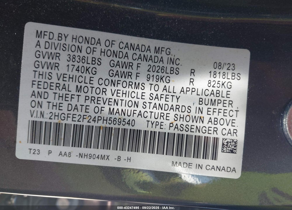 2023 HONDA CIVIC VIN: 2HGFE2F24PH569540